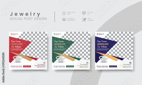 Deluxe jewelry social media post template for business marketing ads. Premium jewelry shop promotion social layout design for square web banner. Vol - 11
