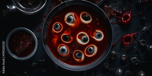 a bowl of scary and funny halloween horror soup with eyeballs, created with generative ai