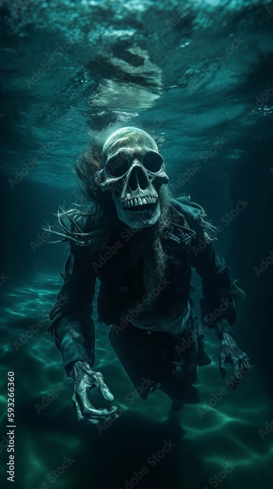 An eery illustration of a ghost pirate skeleton under the sea. A.I. Generated.
