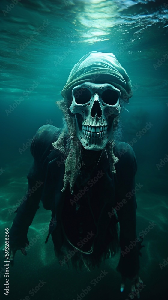 An eery illustration of a ghost pirate skeleton under the sea. A.I. Generated.
An eery illustration of a ghost pirate skeleton under the sea. A.I. Generated.