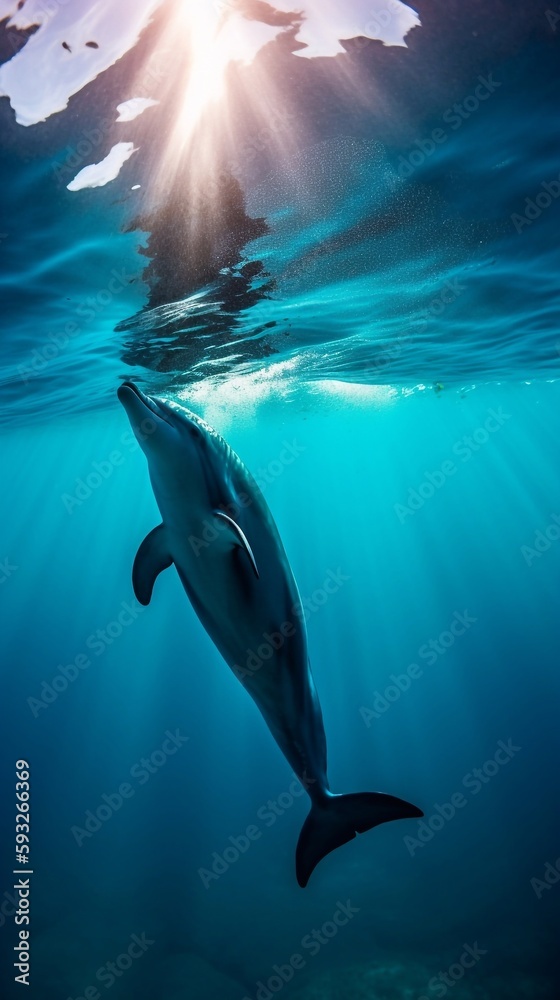 Fototapeta premium An image of a playful dolphin under the deep blue sea with light rays shining from the ocean surface. A.I. Generated. 