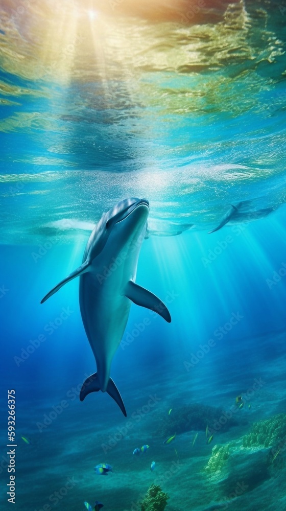 An image of a playful dolphin under the deep blue sea with light rays shining from the ocean surface. A.I. Generated.
