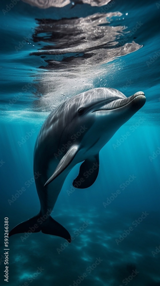 Obraz premium An image of a playful dolphin under the deep blue sea with light rays shining from the ocean surface. A.I. Generated. 