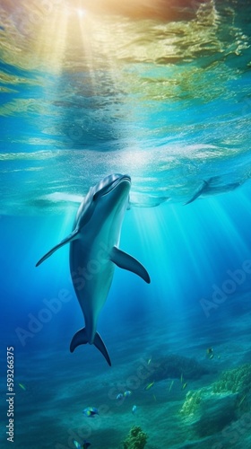 An image of a playful dolphin under the deep blue sea with light rays shining from the ocean surface. A.I. Generated. 