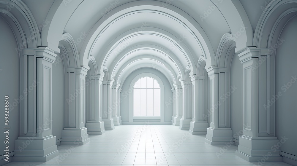 Grand Interior Design with a Three-Dimensional Archway Pass - Render of an Empty Room with Columns and Windows: Generative AI