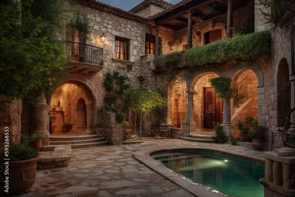 Mediterranean Luxury Home with Pool in the Evening; Traditional Architecture of Village and Wild Flowers: Generative AI