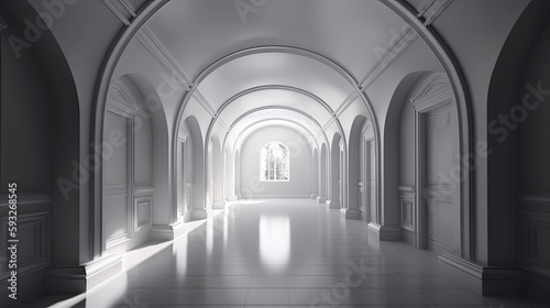 Stunning 3D Render of an Elegant Interior Design  Arched Corridor with Grand Columns and Windows  Generative AI