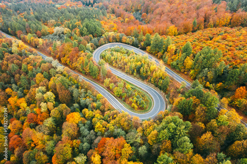 Fototapeta Naklejka Na Ścianę i Meble -  Aerial view of mountain road in forest at sunset in autumn