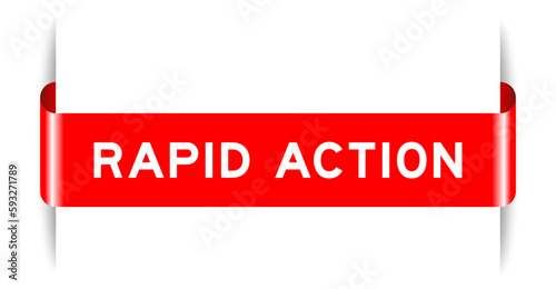 Red color inserted label banner with word rapid action on white background