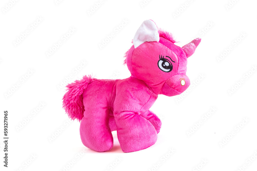 Close-up of a pink plush unicorn for children Close-up of a pink plush unicorn for children