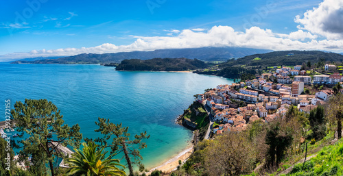 Panoramic view of the picturesque village of Lastres located on the north coast of Asturias, Spain.