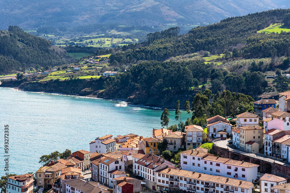 Aerial view of the pretty tourist village of Lastres on the north coast of the Cantabrian Sea in Asturias, Spain.
