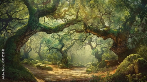 A Pristine and Enchanting Fairytale Forest: Majestic Ancient Oak Trees and a Secluded Grove Full of Mystical and Magical Energy - A Beautiful Fantasy Watercolor Stylized Backdrop. Generative AI