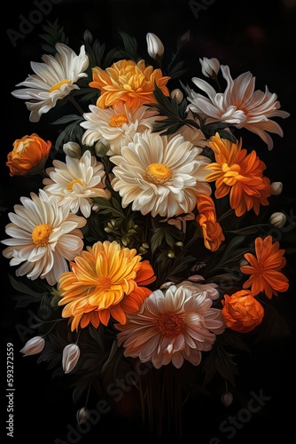 The Beauty of Flora  A Bouquet of Flowers on a Black Background Oil Painting Art Poster. Generative AI
