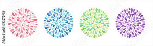 Round shapes, circles made of big colorful drops, hand drawn droplets of various size. Radial pattern, border, frame template, graphic design elements set. Red, green, purple abstract backgrounds.