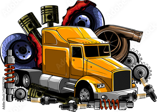 vector illustration of semi truck with part on white background photo