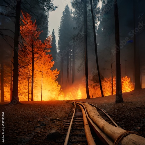 Ein brennender Wald, der von Einem großen Feuer erfasst wurde. Die Flammen sind hoch und hell und reichen bis in den Himmel. Der Himmel selbst ist von dichten Rauchschwaden bedeckt. sehr realsitisch N