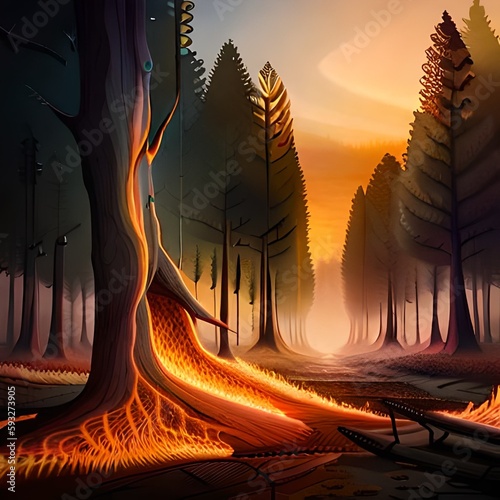 Ein brennender Wald, der von Einem großen Feuer erfasst wurde. Die Flammen sind hoch und hell und reichen bis in den Himmel. Der Himmel selbst ist von dichten Rauchschwaden bedeckt. sehr realsitisch N