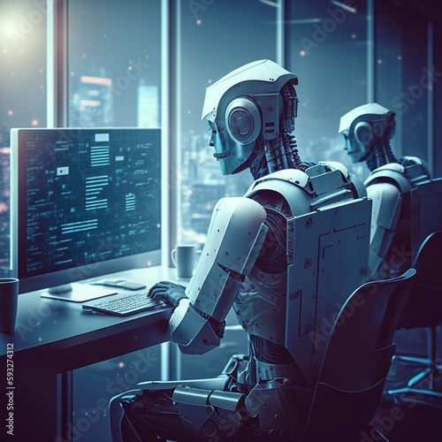 Ai Robot utilisant la technologie, l'IA robotique et les algorithmes remplaçant les travailleurs humains dans de nombreuses industries