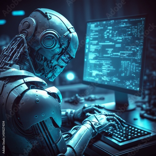 Ai Robot utilisant la technologie, l'IA robotique et les algorithmes remplaçant les travailleurs humains dans de nombreuses industries