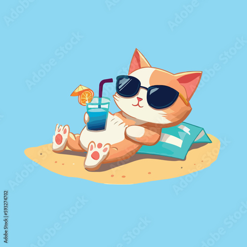 cute cat Enjoy summer sunbathing on a small island under coconut tree while drinking ice juice