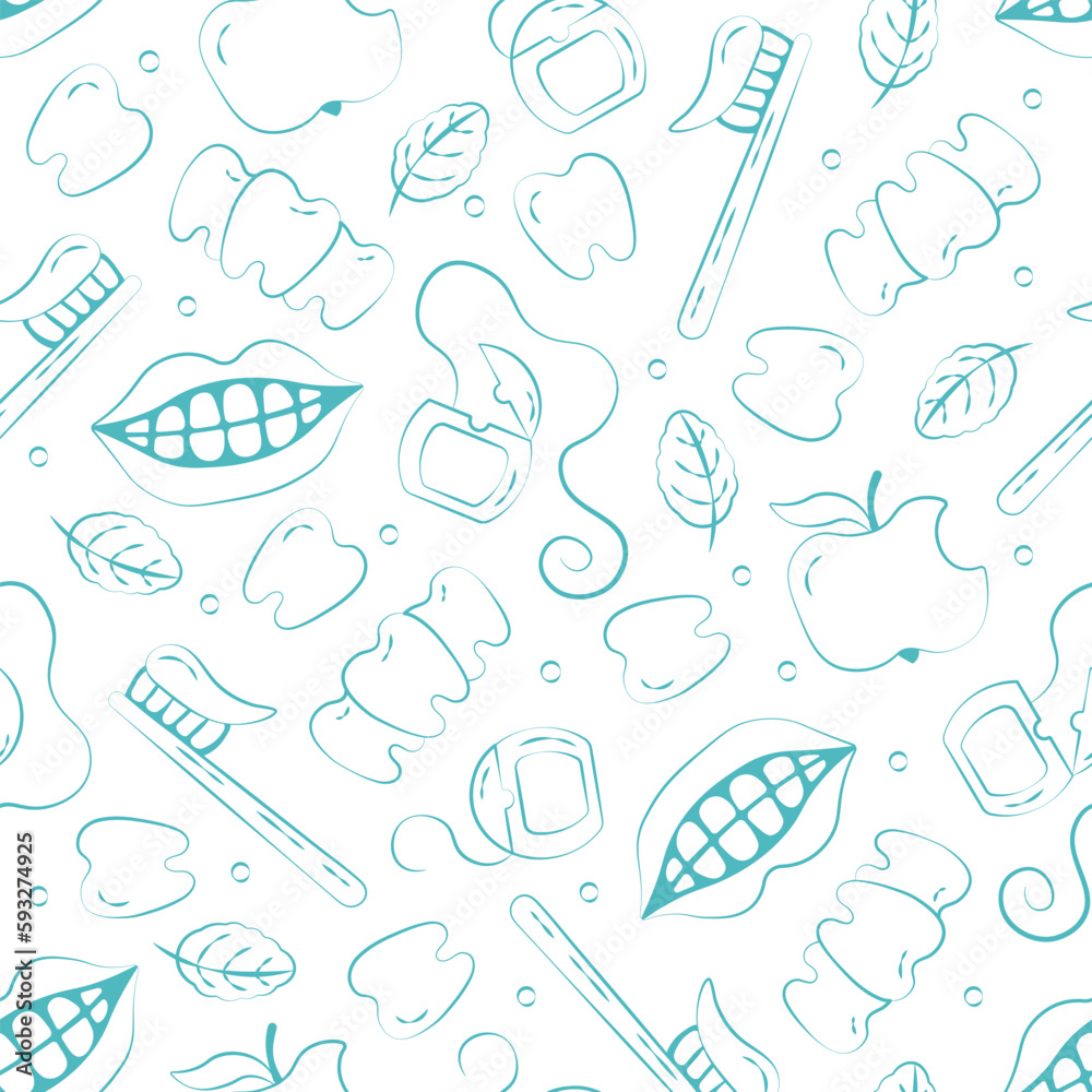 Medical doodle pattern Health care dentist Hand drawn vector background dental floss teeth and brush