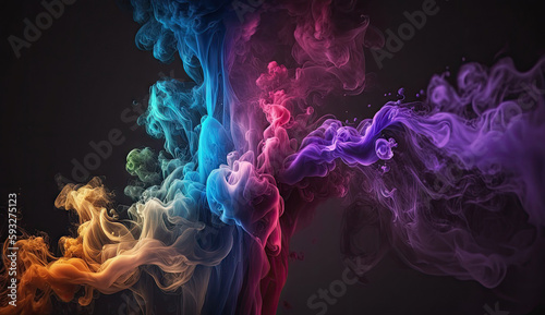 Abstract colorful of smoke background, neon light through smoke or fog, lighting in the dark scene, multi colored of cloud, mist, or smog, night backdrop for mock up, with Generative Ai.