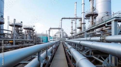 Industry pipeline or rack transport petrochemical, gas and oil processing, factory turbine line, rack of heat chemical petroleum, equipment steel pipes, with Generative AI.