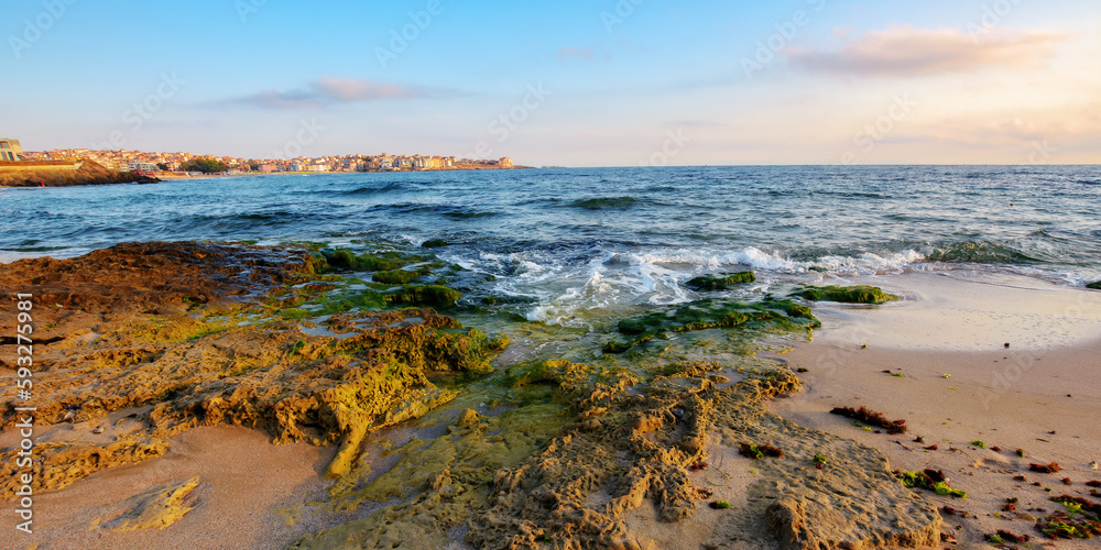 beautiful view of bulgaria coast at sunrise. summer holiday and vacation season at the sea beautiful view of bulgaria coast at sunrise. summer holiday and vacation season at the sea