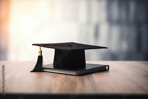 Blurred Background with Education and Graduation Concept. Library, Table, Graduation Hat, and Diploma