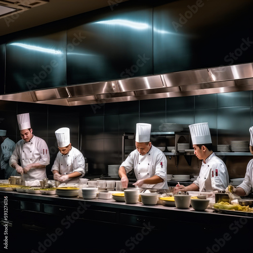 Gastronomy commercial staff in uniform. Restaurant kitchen work process. Generative AI.