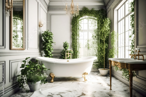 Stunning luxurious classical styled bathroom with a white tub, sink, chandelier and green plants. High quality generative ai