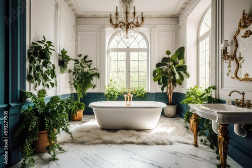 Stunning luxurious classical styled bathroom with a white tub, sink, chandelier and green plants. High quality generative ai