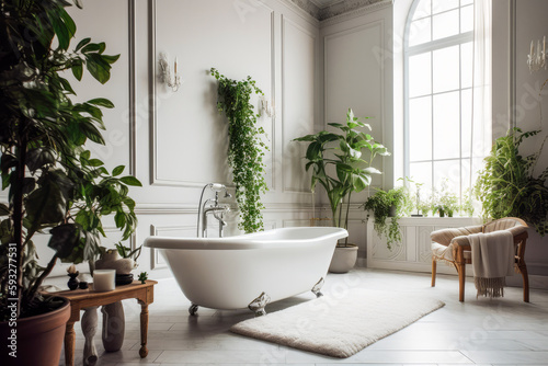 Stunning luxurious classical styled bathroom with a white tub and green plants. High quality generative ai