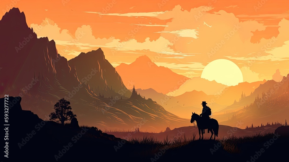 The Lone Man in the Wild West Prairie: Witness the Western Vintage Mountains at Sunset/Sunrise: Generative AI