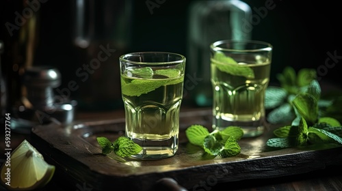Cheers to Refreshing Mint Liqueur! Shots with Lime and Mint Leaves on a White Table Background: Generative AI