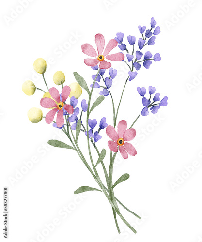 Watercolor pink and violet flowers and green leaves, floral illustration for greeting card, invitation and other printing design. Isolated on white. Hand drawing.
