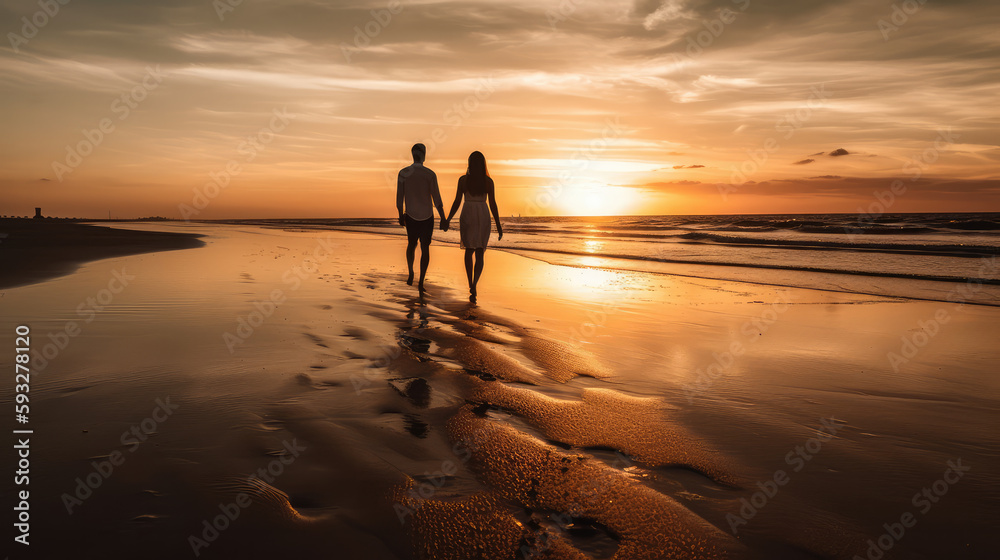 Love couple with men and wife walking along the beach at the ocean in front of the sundown. Generative AI.