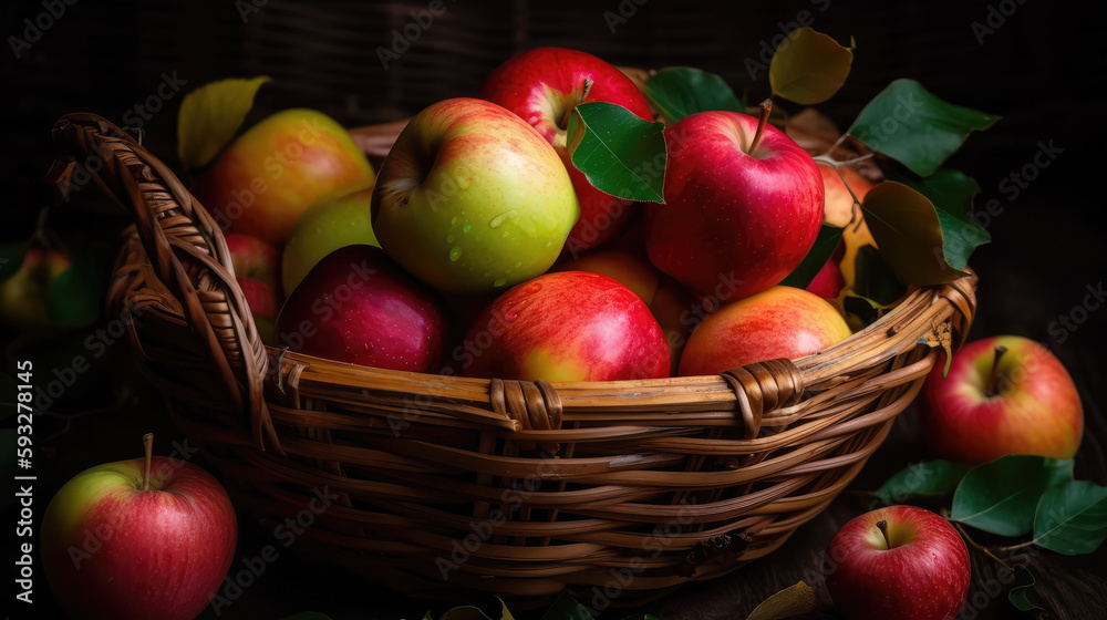 Red ripe apples lying in a basket in front of a black background. Generative AI. Red ripe apples lying in a basket in front of a black background. Generative AI.