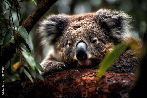 Koala Bear sleeping in a tree.