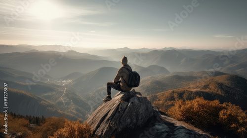 Single hiker sitting on top of a mountain in front of an impressive landscape with a lot of mountains. Generative AI.