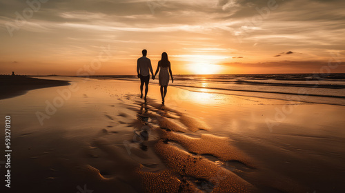 Love couple with men and wife walking along the beach at the ocean in front of the sundown. Generative AI.