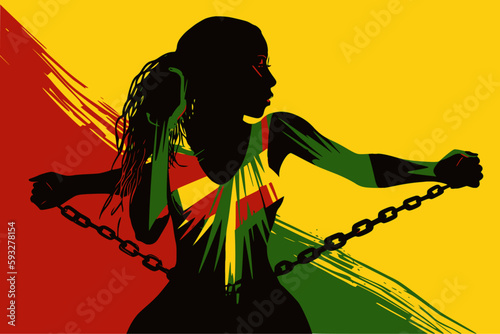 Black woman frees herself from chains. For Juneteenth Freedom Day, Remembrance of the Slave Trade and its Abolition, black history month or keti koti. Vector in African colors, yellow, green and red. 
