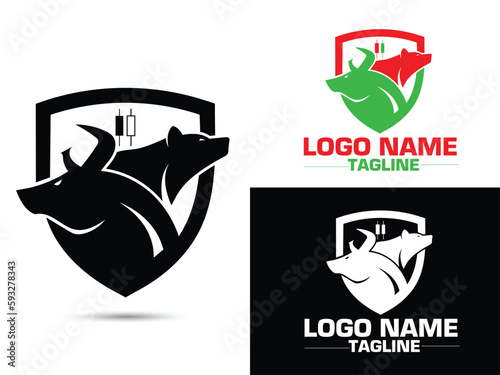 Stock market logo. Bullish and bearish market. Trading logo design. Traders. Bear and bull. Premium.Candlestick. Forex trading. Creative stock market logo. Icon