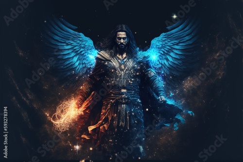 Realistic fantasy character of angelic battlemage with awe-inspiring magical abilities, donning fantastical armor and graceful wings, descends from the sky to the ground. Superb Generative AI photo
