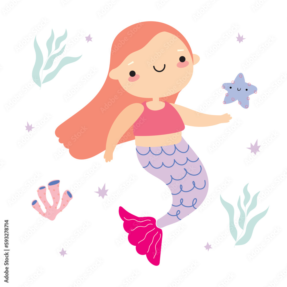 A mermaid with pink hair and a pink top holds a starfish in the water. The Little Mermaid, starfish and seaweed in cartoon children's style. set of vector images of marine-themed A mermaid with pink hair and a pink top holds a starfish in the water. The Little Mermaid, starfish and seaweed in cartoon children's style. set of vector images of marine-themed