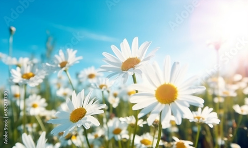 Beautiful spring background with blooming chamomile and a blue sky, on a sunny day.