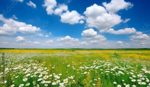 Beautiful spring background of a field with with blooming chamomile and a blue sky, on a sunny day. © Zoe K.