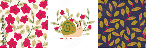 Cute kids patterns with flowers,  snail, seamless background, and baby shower greeting card. Vector texture for kids bedding, fabric, wallpaper, wrapping paper, textile, t-shirt