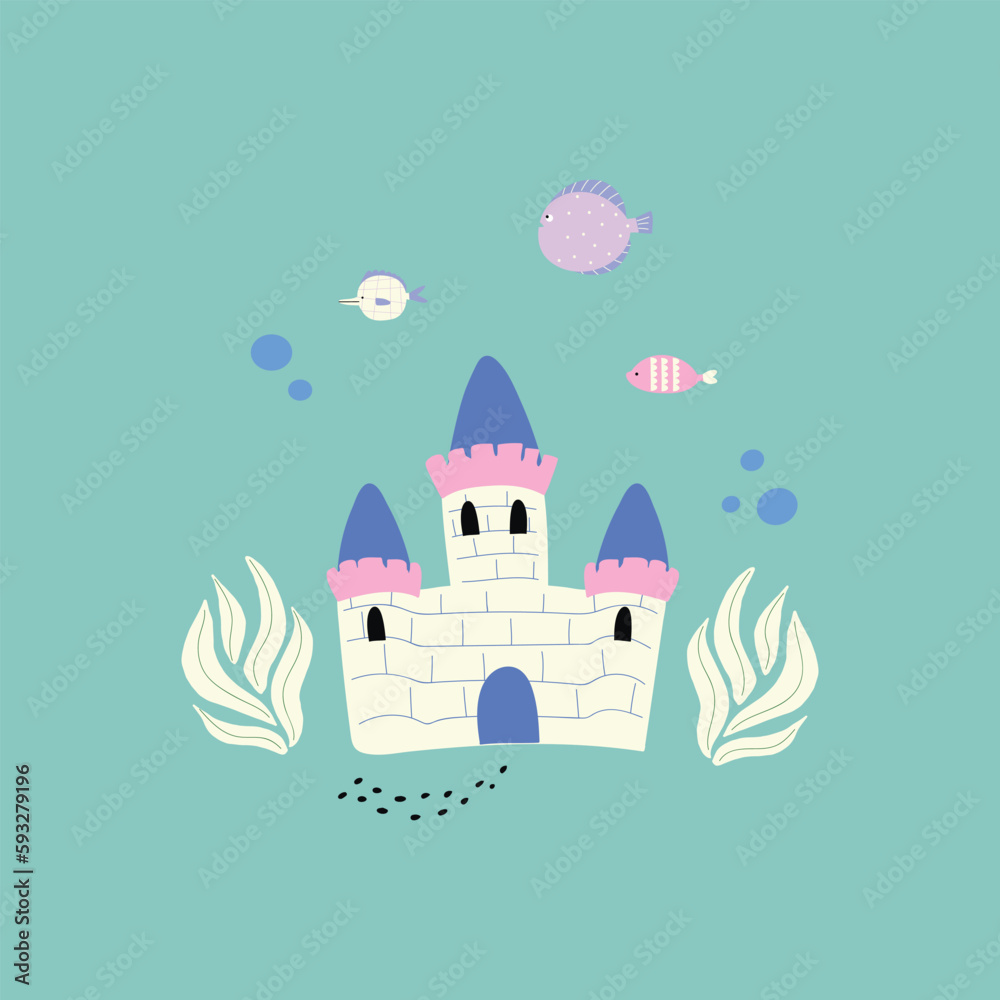 Castle underwater isolated. Vector hand drawn illustration. Blue castle illustration. Great for fabric, textile Vector Illustration